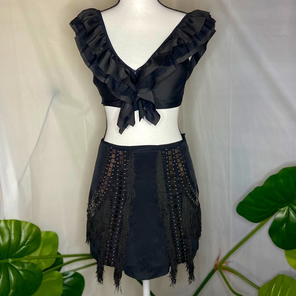 NWT BEBE Black Silk Beaded Fringe Mini Skirt XS - Picture 2 of 10